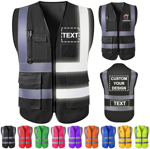 Gridachi Personalisierte Warnweste mit Logo – Reflektierende Sicherheitsweste mit Reißverschluss & Taschen – Hochsichtbare Arbeitsweste für Herren & Damen – Bedruckbar
