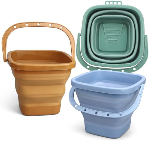 3PCS 3L Collapsible Bucket Sandbox Kit Castle Mold Building Snow Toys for Kids, Foldable Beach Bucket Sand Pail for Garden Planting, Beach Essential Travel Summer Toys, Househould Cleaner Bucket