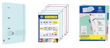 Oxford, Pack Archivador Live & Go A4+ 4 Anillas, Plástico Polyfoam, Incluye 2 Recambios con 5 Bandas Color Cuadrícula 5x5 y Separadores de Plástico, Color Azul Pastel