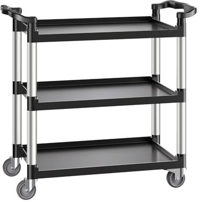 VEVOR Mehrzweckwagen, 226 kg Tragkraft, 3-stufiger Universalwagen aus Kunststoff mit 360° Schwenkrädern (2 mit Bremse), 106x49x98 cm großer Servierwagen für Lager, Büro, Zuhause, Restaurant, Küche
