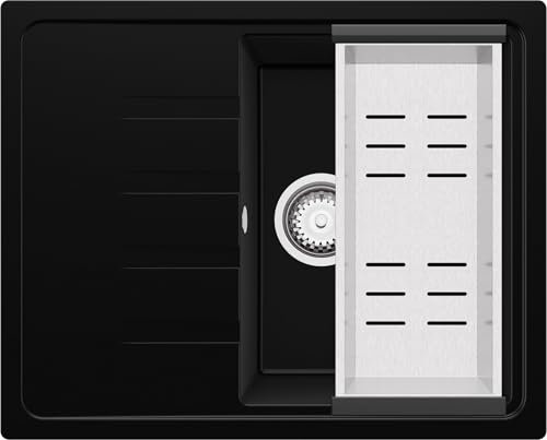 PRIMAGRAN Evier Cuisine en Granit Noir 62x50cm, Lavabo 1 bac + Kit de Vidage, Évier à Encastrer al mueble 40cm - Milan S082