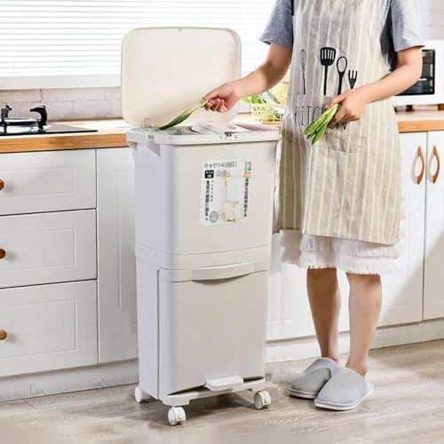 Thrink Dry and Wet Separation Trash Can, Vertical Waste Separation System with Wheels, Rubbish Trash Garbage Can, Kitchen Recycling Pedal Bin Waste with Large Recycle Compartments (38L)