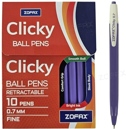 ZOFAX Clicky Retractable Ballpoint Pens, PURPLE, Fine Point (0.7mm), Pack of 20, Smooth Ball Pens, Comfort Grip, Bulk Pack, Perfect for School Office Home Business Hospital Everyday Use