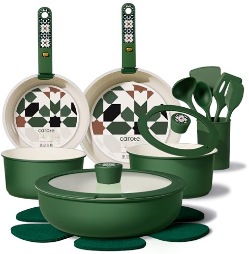 CAROTE 19Pcs Ceramic Cookware Set, Pots and Pans Set Non stick, Non Toxic Cookware Detachable Handle, Kitchen Cooking Set - Induction Cookware, Dishwasher/Oven Safe, PFAS Free, Green