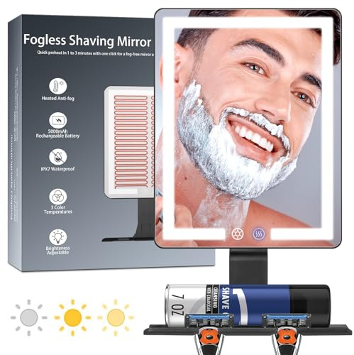 Vanexiss Heated Shower Mirror Fogless for Shaving with Light,5000mAh Rechargeable Shower Mirrors for Shaving Anti Fog with Razor Holder,for Bathroom No-Drilling Removable Waterproof Wall Mounted