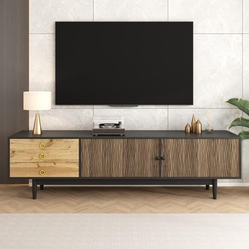 Mydtt Wellenstruktur TV Schrank, Lowboard Fernsehschrank mit 3 Schubladen und 2 Türen, Wohnzimmer Möbel TV Board 180 cm Lang