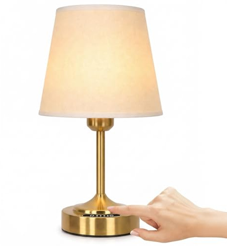OUTON Cordless Rechargeable Table Lamp – Battery Display, Touch Dimmable LED Light, 3 Color Temperatures, USB-C Charging, Fabric Shade, Memory Function for Bedroom, Living Room, Patio (Gold)