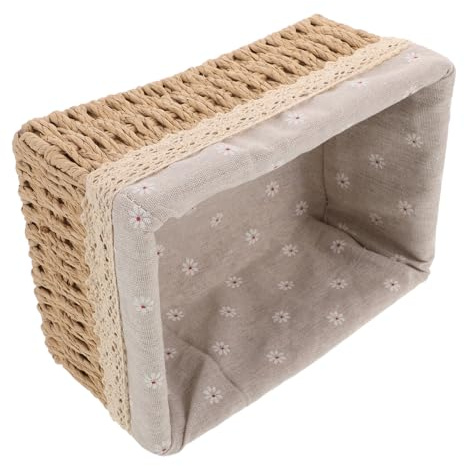 CONGARTENO Rustic Straw Basket with Liner Woven Wicker Organizer for Makeup Jewelry Toiletries Storage Medium Rectangular Bin for Bathroom Kitchen Bedroom Countertop Use