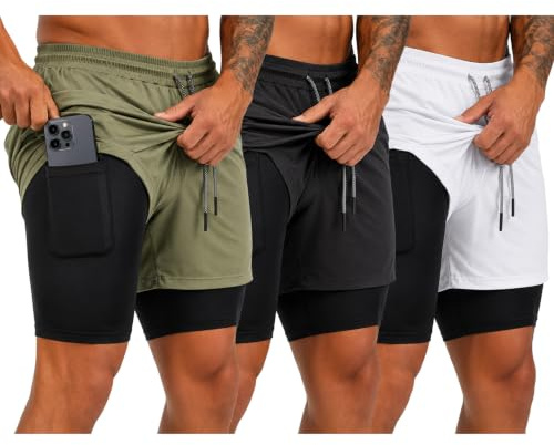 Pack de 3 Pantalones Cortos Hombre Deporte 2 en 1 con Malla de Compresión Bolsillos y Cinta Trasera Portatoallas (L, V/N/B)
