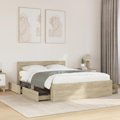 JHQHSM Bettgestell mit Kopfteil Sonoma-Eiche 120x200 cm Holzwerkstoff mit Lattenrost und Schubladen für optimalen Stauraum