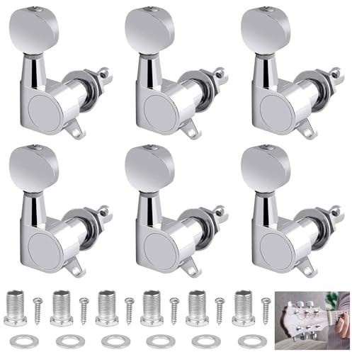 3R 3L Stimmwirbel Gitarre, Mechanisches Stimmgerät in Universalgröße | Metall Mechanik Locking Key, Jeder Gitarren Stimmknopf wird mit Schraube, Mutter und Unterlegscheibe Geliefert, 6 Silber