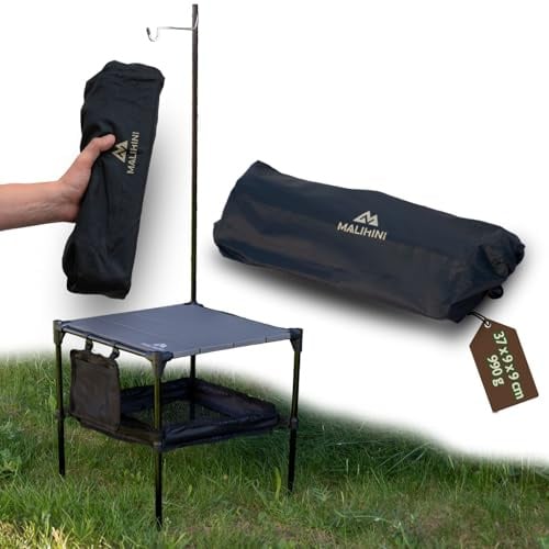 MALIHINI Campingtisch faltbar klein | Klapptisch mini | leicht, Aluminium | Kompakter Beistelltisch & Falttisch mit Netz-Ablage, kleines Packmaß - für Camping, Angeln, Strand & Picknick