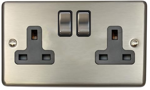 G&H CSS310 Standard Plate Brushed Steel 2 Gang Double 13A Switched Plug Socket