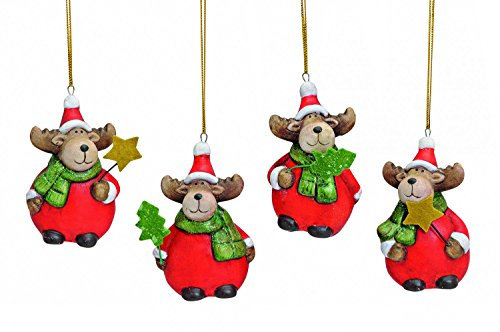 TEMPELWELT 4X Deko Anhänger Rentier im Set je 7 cm, Keramik rot grün braun, lustige Keramikfigur Elch Rentierfigur hängend Winterdeko Baumschmuck Dekoanhänger Dekofiguren