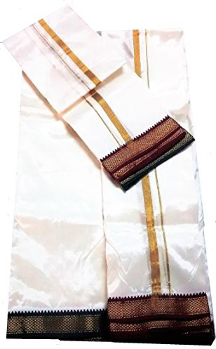 Stylesindia Art Silk Dhoti Vesti Mundu Indien Ethno-Kleid 2,5 cm zweifarbig, Zari-Bordüre mit Schal, Weiß, Cream