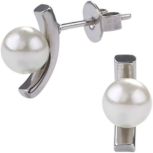 EYS JEWELRY Damen-Ohrstecker Edelstahl poliert Glas-Perle weiß 12 x 6 mm Damen-Ohrringe im Schmuck Etui