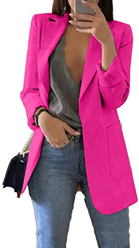 JIER Damen Elegant Langarm Blazer Langärmliger Anzugjacke Einfarbig Cardigan Business Slim Fit Bolero Jacke Anzug Trenchcoat Mantel mit Tasche (Rosenrot,Small)