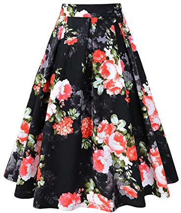 De feuilles Blumenmuster Midi Rock Elegant Damen Retor Rockabilly Faltenrock Skater-Rock Vintage A-Linie Swing Knielang mit Taschen 42EU schwarz