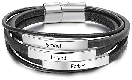 kaululu Herren Damen Personalisierte Lederarmbänder mit 1-3 Namen Gravur Armbänder für Männer Frauen Personalisierte Armkette für Paar BFF (3 Line)