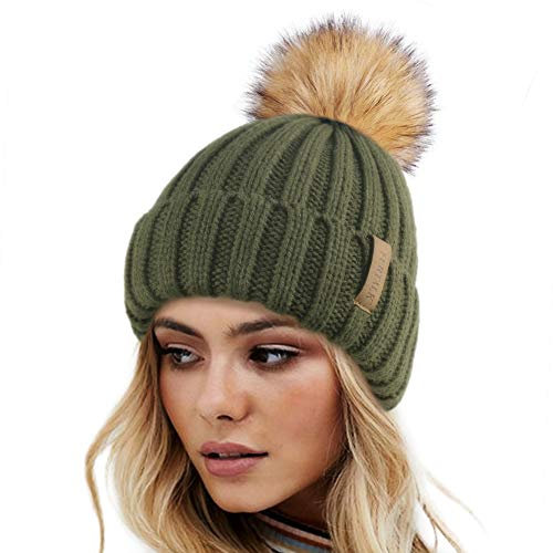 FURTALK Wintermütze warme Strickmütze Damen Mütze mit Kunstpelz Bommel