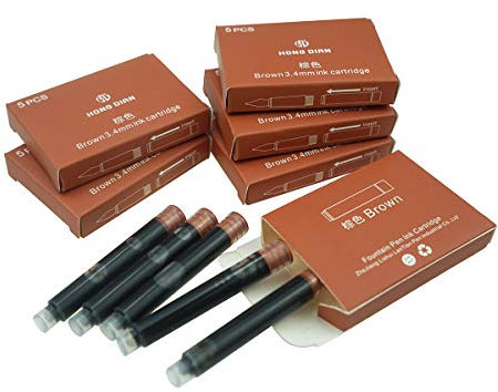 Hongdian Fountain Pen Set Ink Cartridges Brown Color, Pack of 30 Ink Refill Cartridges, 3.4 mm Bore Diameter