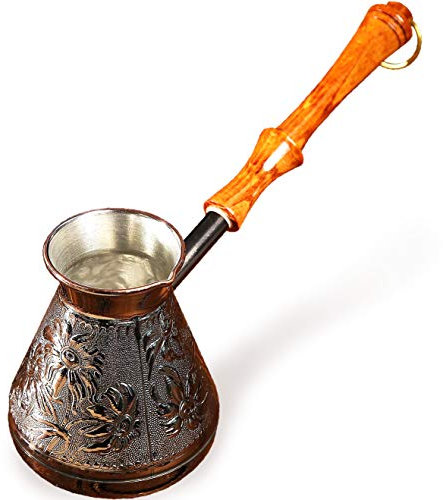 Cafetière en cuivre avec poignée en bois - 414 ml - Gravure turque - Grecque - Arabe - Pour cuisinière