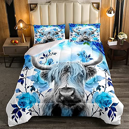 Edredón para niños de Las Tierras Altas Vacas Toro Ganado Infantil con Relleno Animales para Adolescentes, habitación de Vida Silvestre Granja Vaca, Juego de edredón Acolchado tamaño King