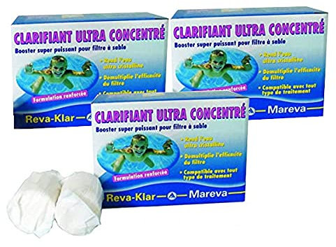 3x Flocculante, Chiarificante per piscina. MAREVA Reva-Klar Ultra concentrato, 10 cartucce per filtri a sabbia, vetro e zelbrite