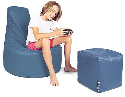 PATCH HOME Patchhome Gamer Kissen Lounge Kissen Sitzsack Sessel Sitzkissen Bean Bag + Würfel/Hocker mit Reißverschluss bereits befüllt (Blaugrau, XXL - Ø80cm Sessel + 35x35cm Würfel)