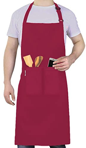 LEFUNDA® Grembiule da Cucina, Grembiule impermeabile con 3 Tasche, Grembiule da Barbecue, Regolabile con Nastri Lunghi, Per Uomo e Donna, Cucina, BBQ, Ristorante, Caffè (Rosso)