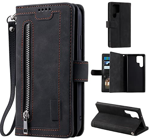 EYZUTAK Wallet Phone Case for Samsung Galaxy S22 Ultra 5G, Retro Matte 9 Card Holder Slots Zipper Pocket Case PU Leather Magnetic Closure Kickstand with Wrist Strap Folio Flip Case - Black