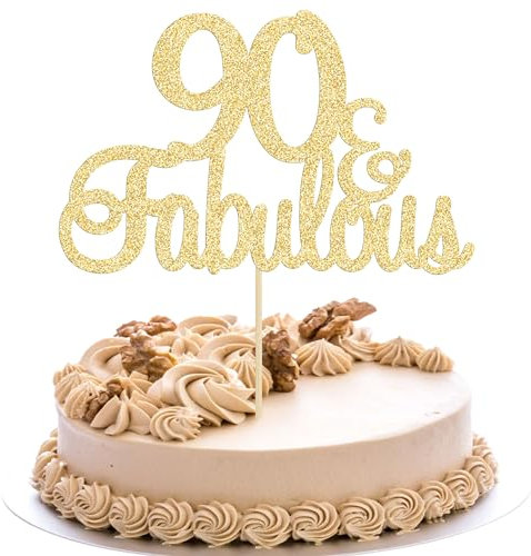 Gyufise 3Pcs 90 & Fabulous Cake Topper Gold Glitter Fifteen and Fabulous Cake Toppers Happy 90th Birthday Cake Pick for 90th Wedding Anniversary Birthday Party Cake Decorations Supplies