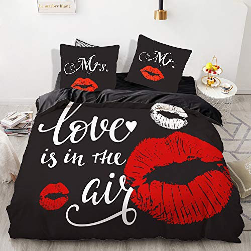 Michorinee Partner Bettwäsche Set 220x240 3 Teilig Mr und Mrs Schwarz Rot Lippen Ornamente Wendemotiv Microfaser Partnerbettwäsche Set - 220 x 240 + 2 x 80 x 80 cm