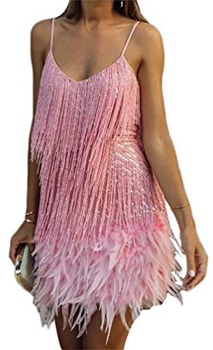 PengGengA Abito da Donna Vintage Anni '20 con Patta con Frange Abito da Ballo Latino con Paillettes E Piume di Paillettes con Frange Rosa M