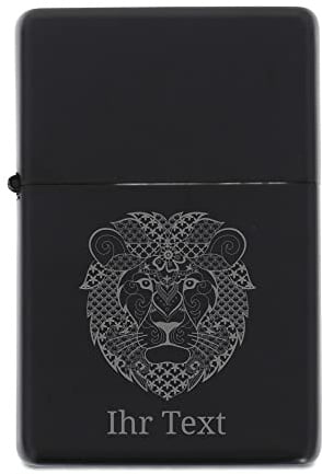 Feuerzeug personalisiert mit Gravur, Zentangle Löwe, Schwarz | Benzinfeuerzeug mit Löwe-Motiv und Wunschtext – nachfüllbarer Metall-Klassiker im American Style
