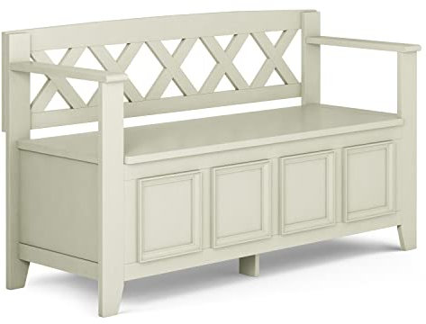 SIMPLIHOME Amherst 121,9 cm breite Massivholzbank mit Stauraum in Antikweiß für Eingangsbereich oder Schlammzimmer, versteckte Aufbewahrung mit zwei Fächern, Sicherheitsscharniere, Übergangsstil