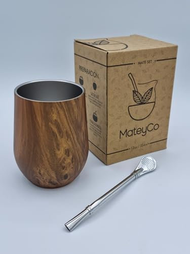 MateyCo Kit de Mate argentino Incluye bombilla, medida 355 ml.- Mate argentino con doble pared de acero inoxidable.- Set Mate de Argentina. (Madera)