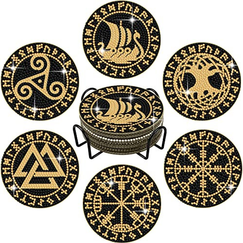 Tucocoo Lot de 6 dessous de verre nordiques avec support, runes Vikings à faire soi-même, pour boissons, kits de peinture diamant 5D pour débutants, adultes, enfants