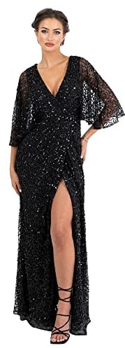 Maya Deluxe Womens Maxi Dress Ladies Sequin Embellished Wrap A-Line Dress for Wedding Guest Bridesmaid Evening Prom Ball Occasion Black Size 6