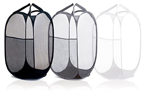 Pop up Wäschekorb, 3 Stück (36 * 36 * 60 cm) Pop up Netz Wäschekorb mit Henkel Zusammenklappbar Netzstoff Wäschesammler für zu Hause Studentenwohnheim Reisen (Schwarz Weiß Grau)