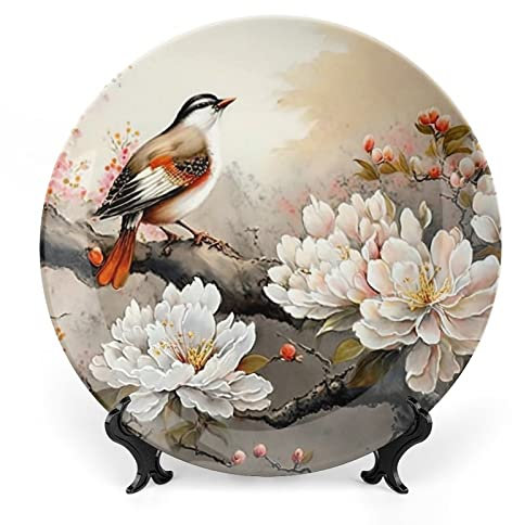 Gokays Platos decorativos, pájaro y peonía pintura china, plato de cena de cerámica con soporte de exhibición, decoración colgante de pared para sala de estar, comedor, cocina, hogar, 25 cm