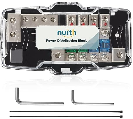 NuIth Car Audio Power Distribution Block 0/4 Gauge Input 4/8 Gauge Output, 4 Way Mini ANL Fuse Block 12V with Ground, 2 Way in 4 Way Out Fused Distribution Block with Red LED Indicator
