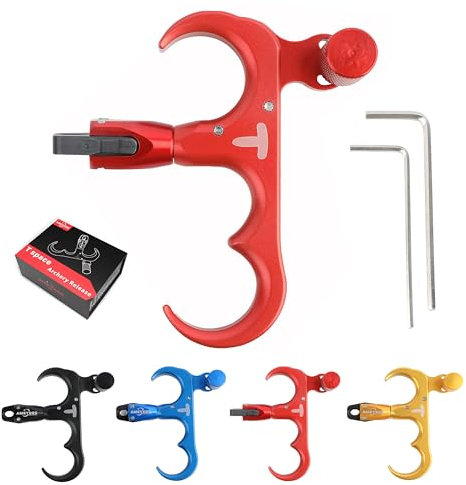 limaity Bogenschießen Release Aids 3 Finger Auslösehilfe Aluminiumlegierung 360°drehbare SpannbackenHochsensibler Einstellbarer Bogen Spannhilfen für Compoundbogen (rot)