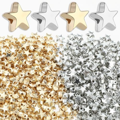 500 Stück 1cm Groß Stern Perlen Acryl Sternform Perlen für Armbänder,Pentagramm Zwischenperlen kleine Loch Spacer Perlen für DIY Armbänder Halskette Ohrring Schmuck(Gold und Silber)mit 5m Kristallseil