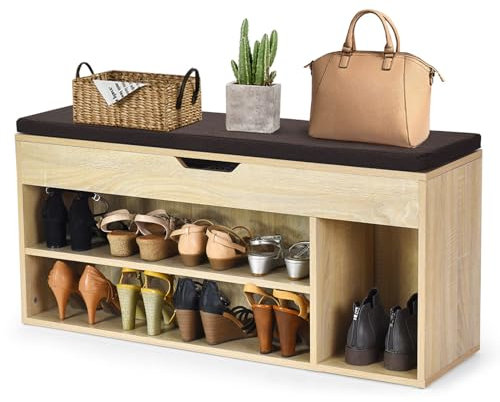 HOMASIS Schuhbank mit Stauraum & Abnehmbarer Sitzfläche, Sitzbank aus Holz & Schaumstoff, Schuhregal mit 3 Ablagen in 2 Größen, Schuhschrank für Flur, Wohnzimmer, Garderobe, 104 x 30 x 48 cm (Natur)