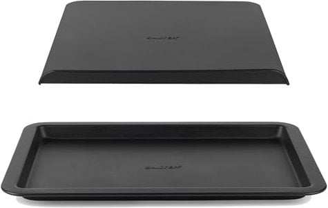 Salter COMBO-8904 Bakes Baking Tray & Sheet Set – Non-Stick Coated Flat Bakeware, Large Oven Sheets, Slide Off Cookie Mat, Oven Safe Up To 220°C, Pan for Biscuits/Gingerbread/Pastries, 32/37 cm, Black