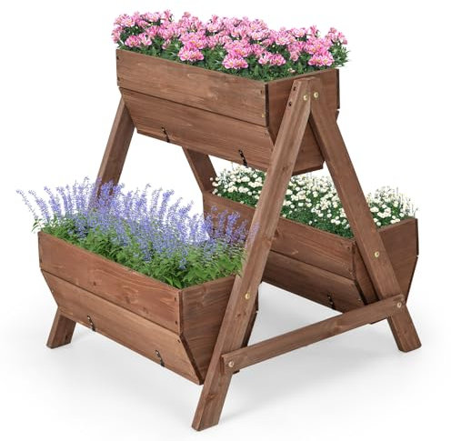 HOMASIS Cama Vertical elevada de jardín, Escalonada con 3 jardineras de Madera, Soporte para Plantas con Agujeros de Drenaje, Macetero para Interior y Exterior, jardín, balcón, 73x66x73cm, Marrón