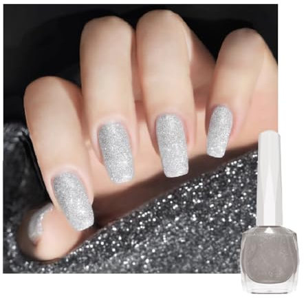 Glitter Nail Polish, Sliver Nail Varnish, Diamond Glitter Quick Dry Nail Polish No UV Lamp Curing, Long Lasting, Chip Resistant, Non-Toxic, Quick Drying, Salon Manicure, At Home Manicure (24#Silver)