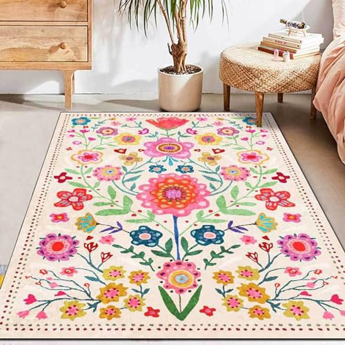 Taidianolp Tapis de décoration de Salon, 150 x 200 cm, Tapis de Chambre à Coucher, Tapis Lavable, Table de Salle à Manger, Rouge, Vert, Rose Jaune Multicolore imprimé Fleurs de Printemps