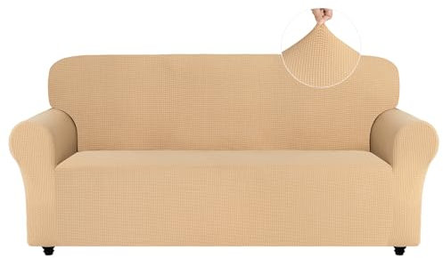 Easy-Going Stretch Sofa Überzug 3 Sitzer, Rutschfester Sofabezug für Hund Katze, Stilvoller Jacquard Couch Überzug Bezug, Weicher Küchensofa Couch Cover, 1 Stück Sofaschoner mit Armlehnen, Beige